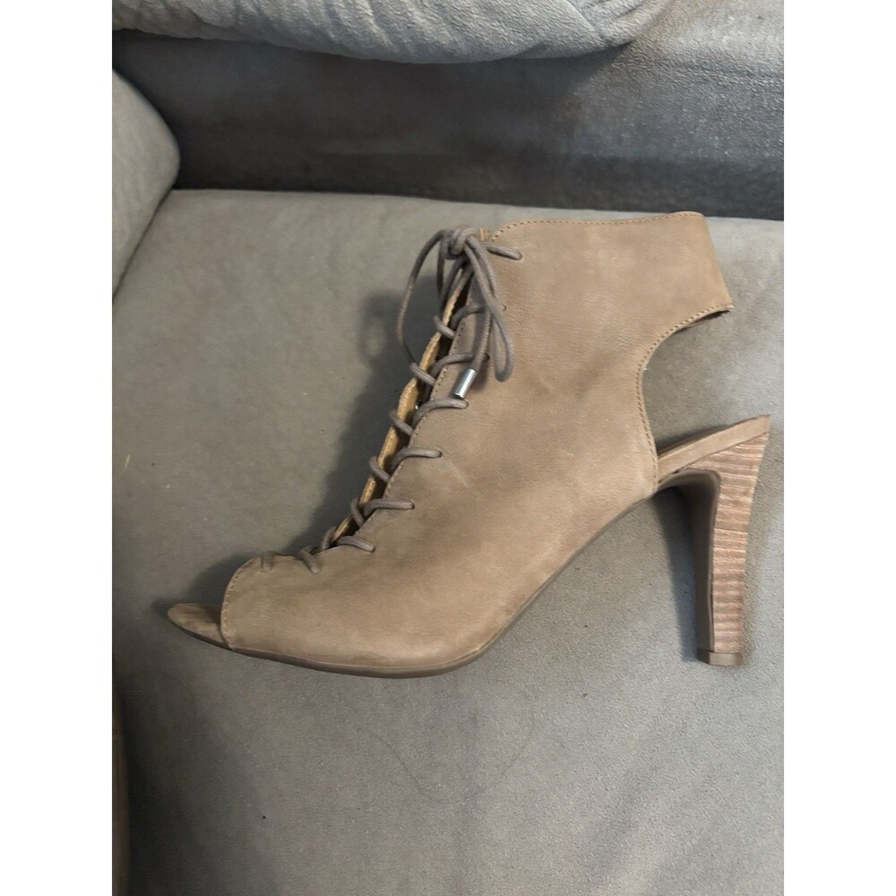Sole Society Women's Beige Leather Lace-Up Zip Open Toe Bootie Block Heel 10M